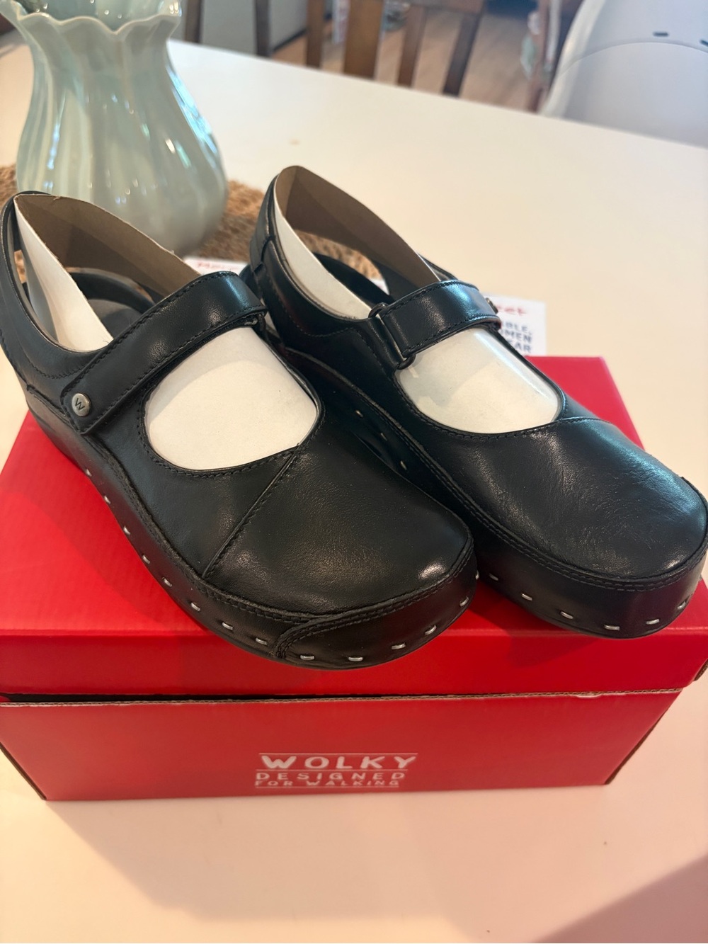 Wolky Black Leather Mary Jane Clogs